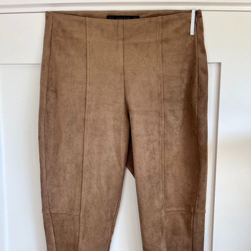 ZARA Brown Camel M Faux Suede Leggings High Rise Waistband Ankle Zip Skinny Leg